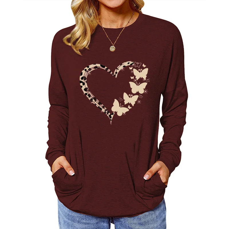 

Leopard Butterfly Print Woman T-shirts New Fashion Casual Long Sleeve Tops Butterfly Lover Gift Heart Leopard Print T-shirt Tops