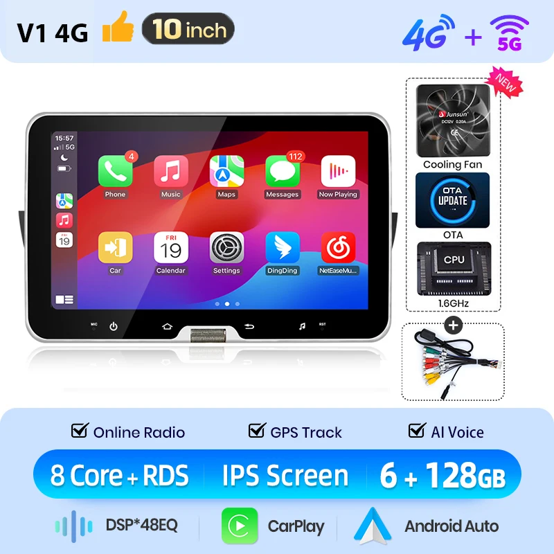 Junsun 10 inch Android Auto autoradio voor Fiat 500 500C Abarth 2007-2015 met draadloze CarPlay GPS navigatie Smart System radio FM