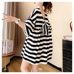 Street Casual Bow Patchwork T Shirt Dress Summer New Short Sleeve V Neck Loose Trend Mini Dress Fashion Sweet Women Clothing
