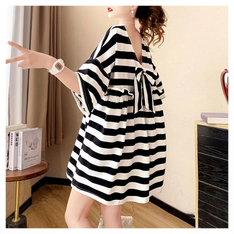 Street Casual Bow Patchwork T Shirt Dress Summer New Short Sleeve V Neck Loose Trend Mini Dress Fashion Sweet Women Clothing