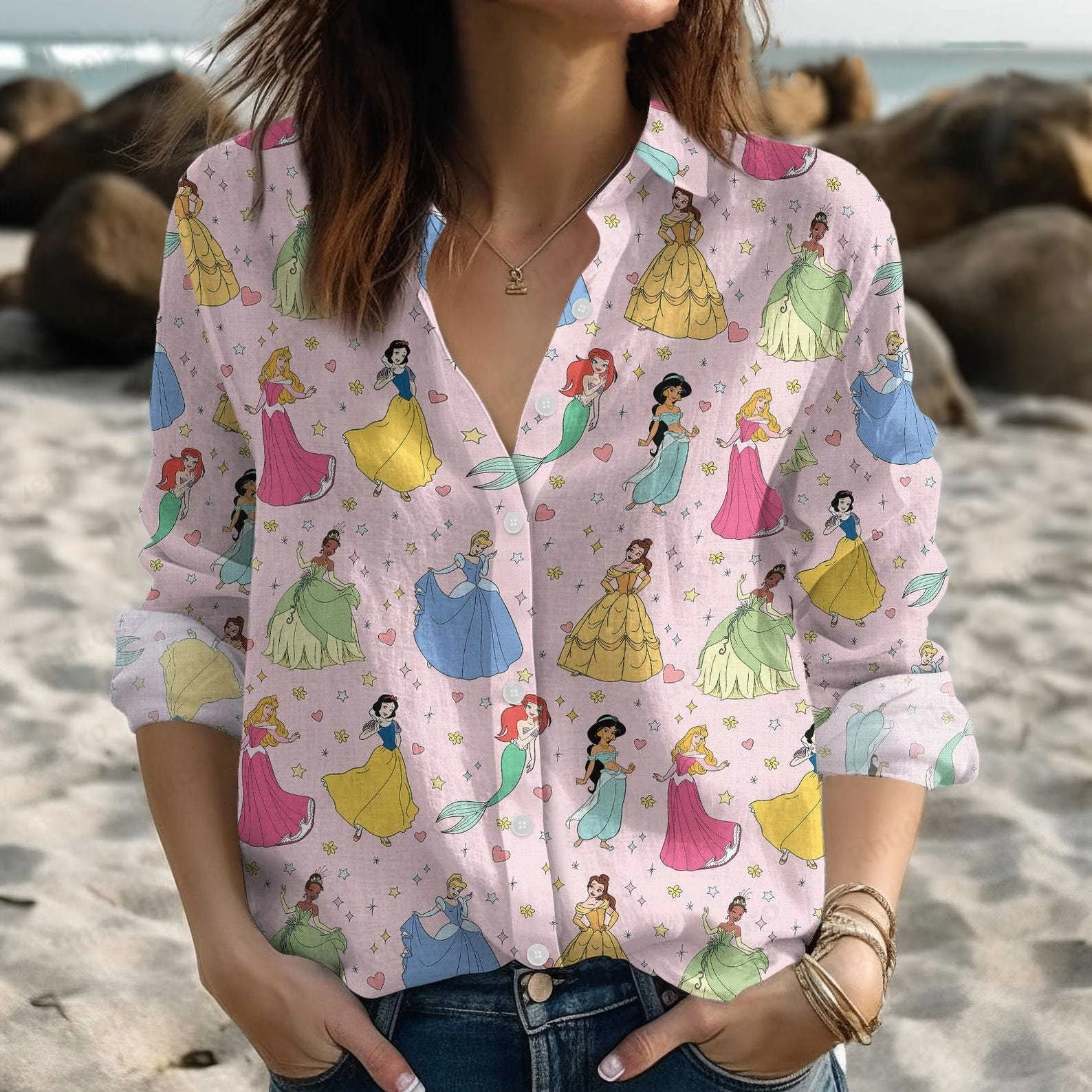 Disney Cinderella Hawaii Women's Shirt Summer Long Sleeves Button Shirt 3D Print Fashion Casual Y2K Women's T-Shirt