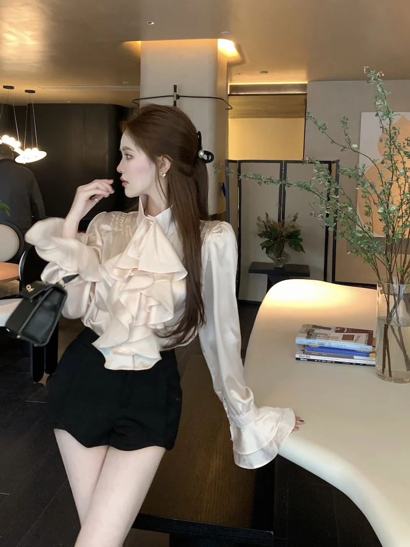 Spring 2023 Single-breasted Women shirt Flare Long Sleeve Ruffles Tops Solid Color Stand collar Office lady Blouse Blusa