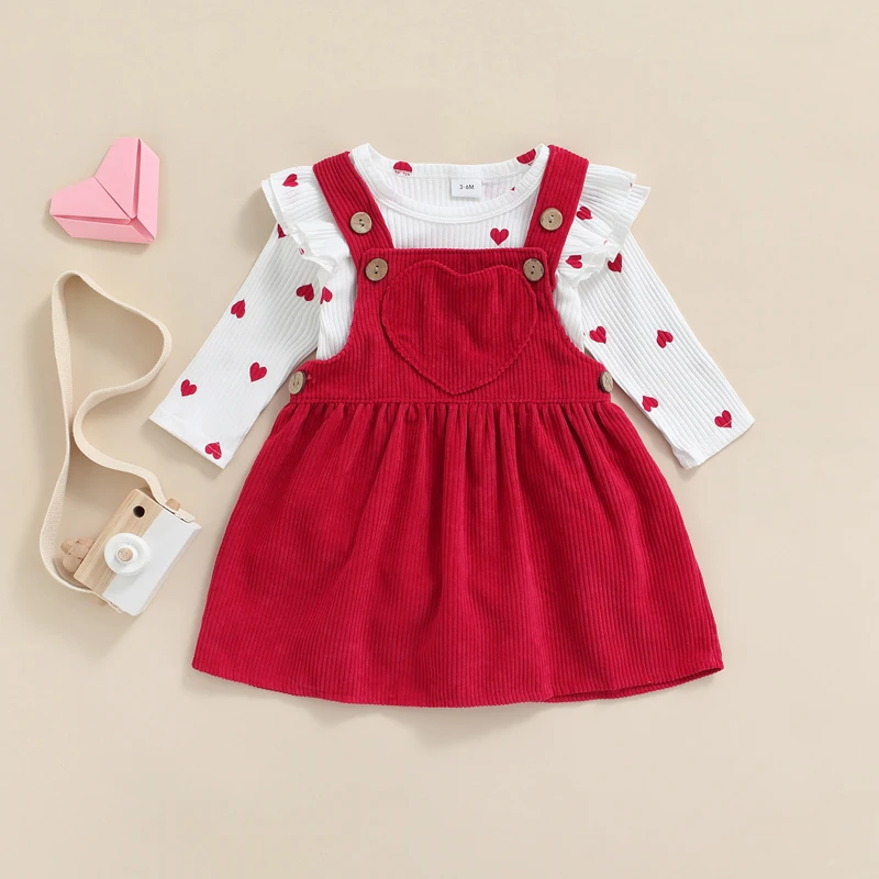 Valentine's Day Infant Baby Girl's Two-Piece Suit Heart Pattern Ruffle Long Sleeve O-Neck Romper tops+Corduroy Suspender Skirt