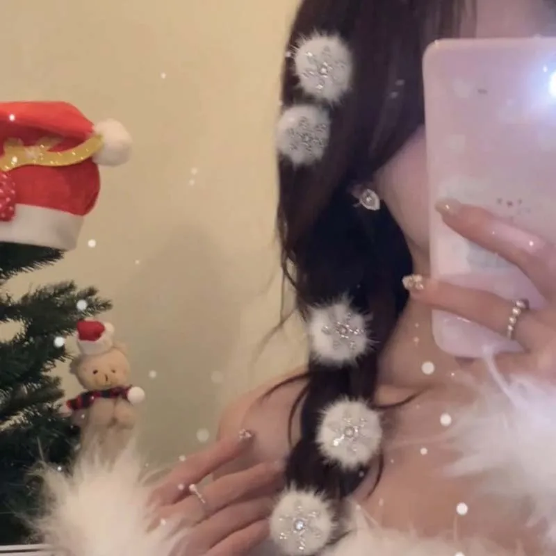 2025 New Fashion Shiny Rhinestone Snowflake Fur Ball Plush BB Clip for Women Korean Sweet Bang Clip Barrette Hair Accessories