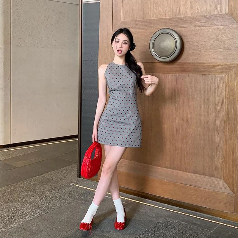 

Summer Korea Elegant Dress Women Dot Y2k Beach Vacation Sleeveless Dresses