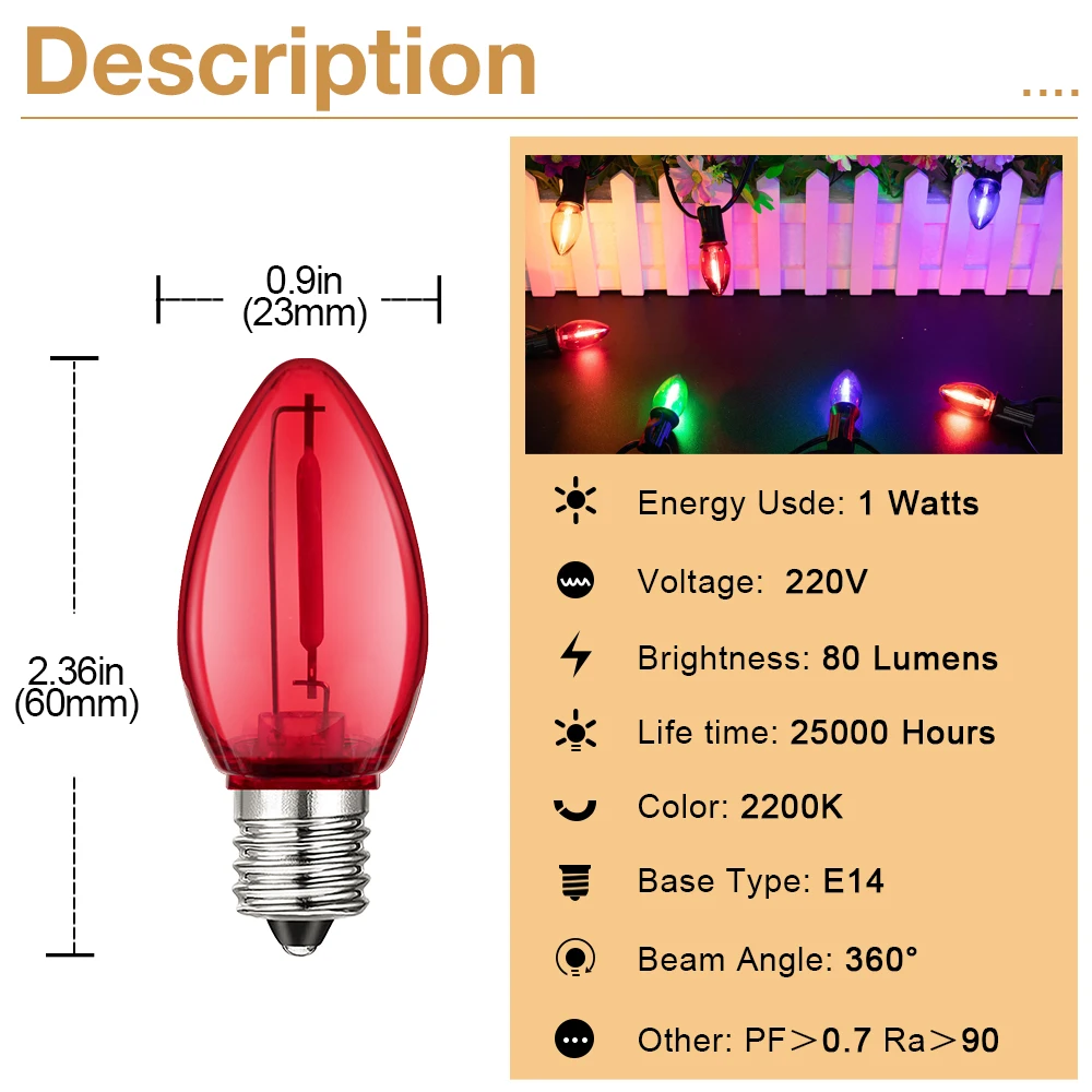 C7 플라스틱 촛불 다채로운 전구, 크리스마스 야외 스트링 조명용 다색 LED 전구, 장식 조명, E12, 1W, 110V, 220V