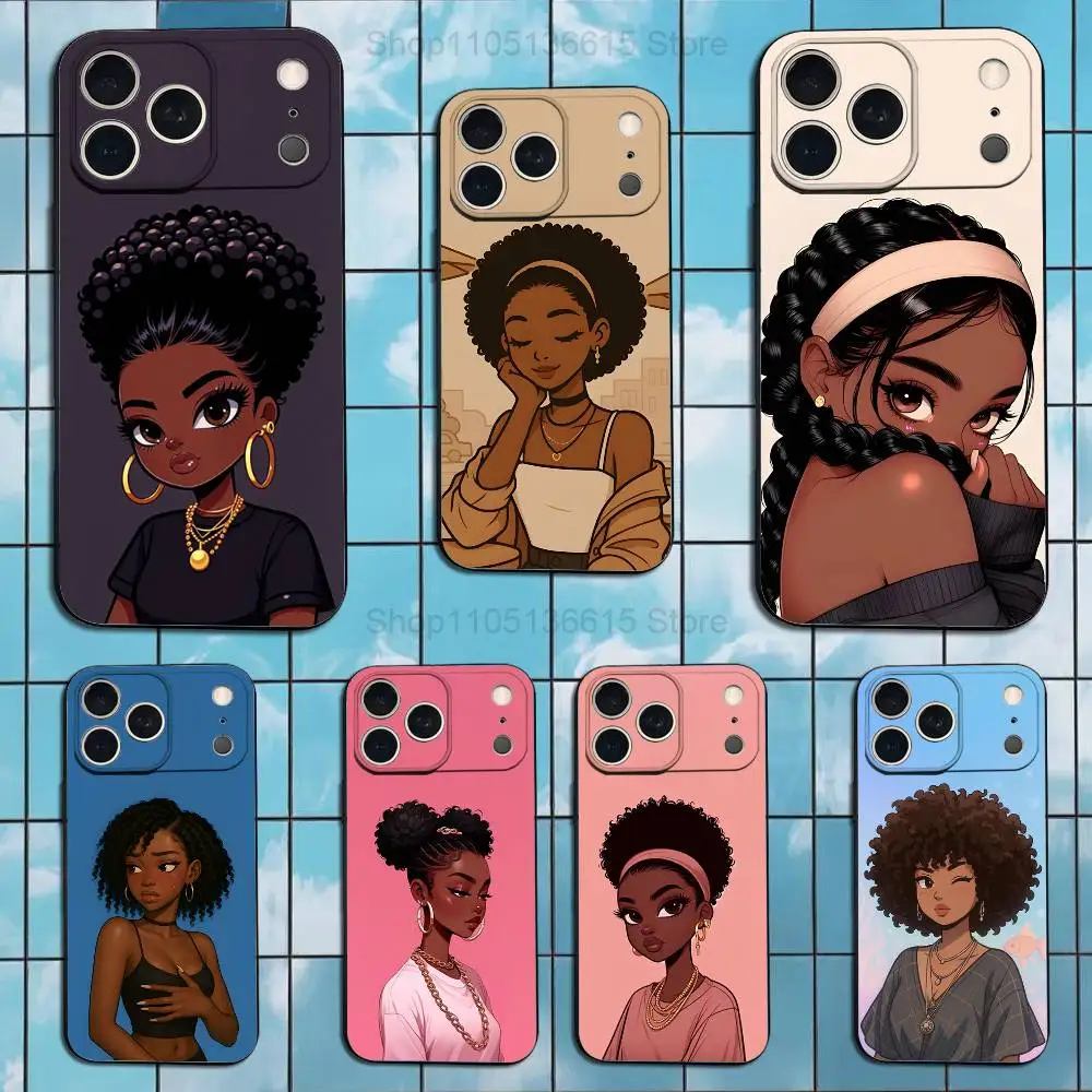 

Afro Black Girls Cartoon Case For iPhone 17,16,15,14,13,12,11 Air,Plus,Pro Max,XS,X,XR,SE,Mini,8,7,Soft Silicone Black Cover
