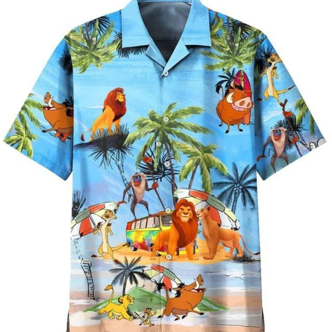 Camisa hawaiana de manga corta con botones para hombre y mujer, camisa de playa con estampado de acuarela del Rey León, Simba y jungla, Disney