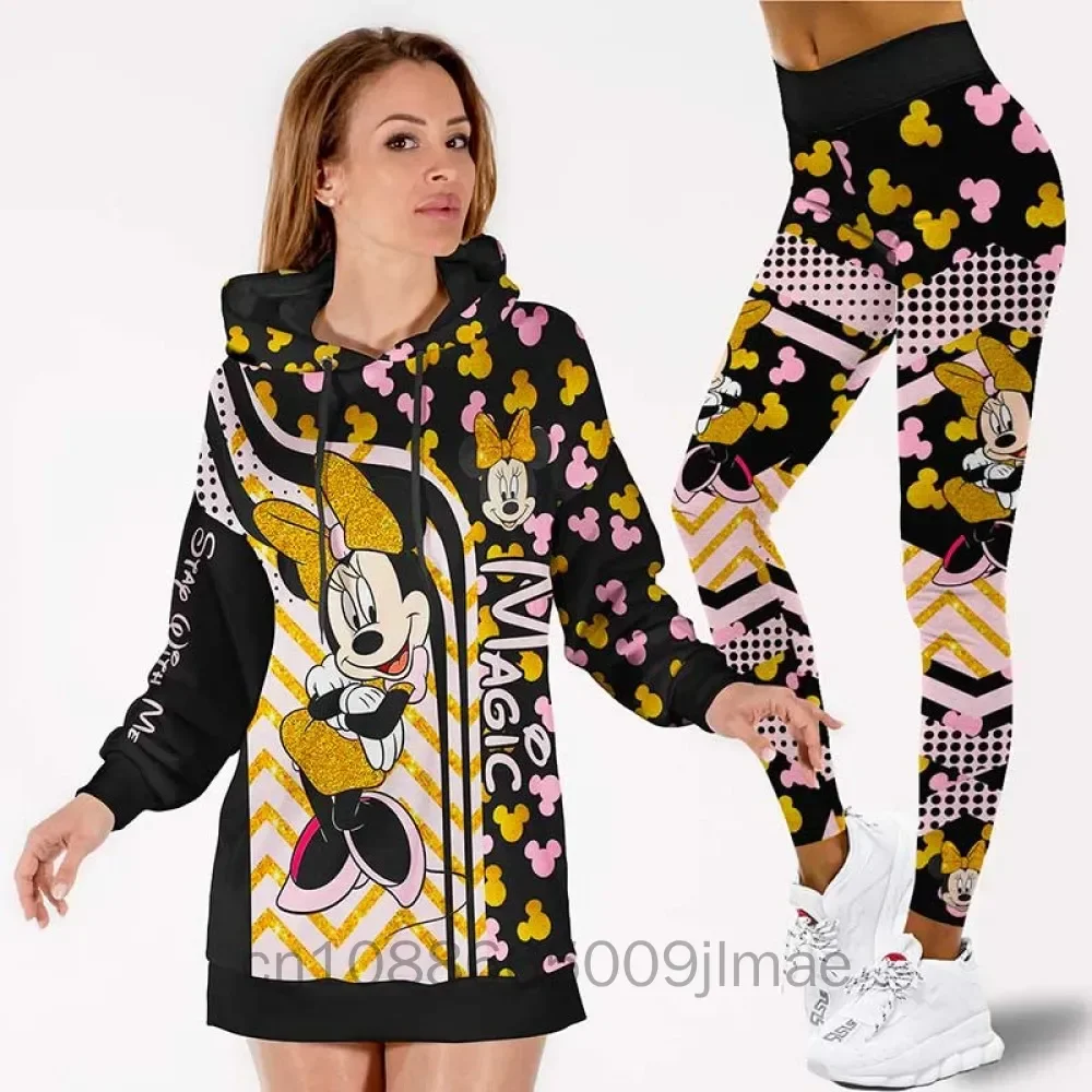 Disney Minnie Mickey Women\'s Hoodie Dress Leggings Set High Waist Yoga Pants Set Disney Yoga Leggings Hoodie Fashion Sports Suit