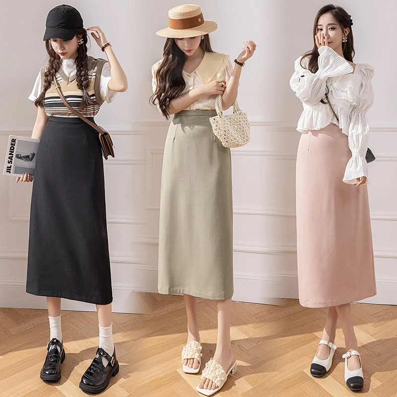 

New Fashion High Waist A-line Midi Skirt Women Spring Summer Elegant Long Skirts Solid Color Casual Basic Female Skirt