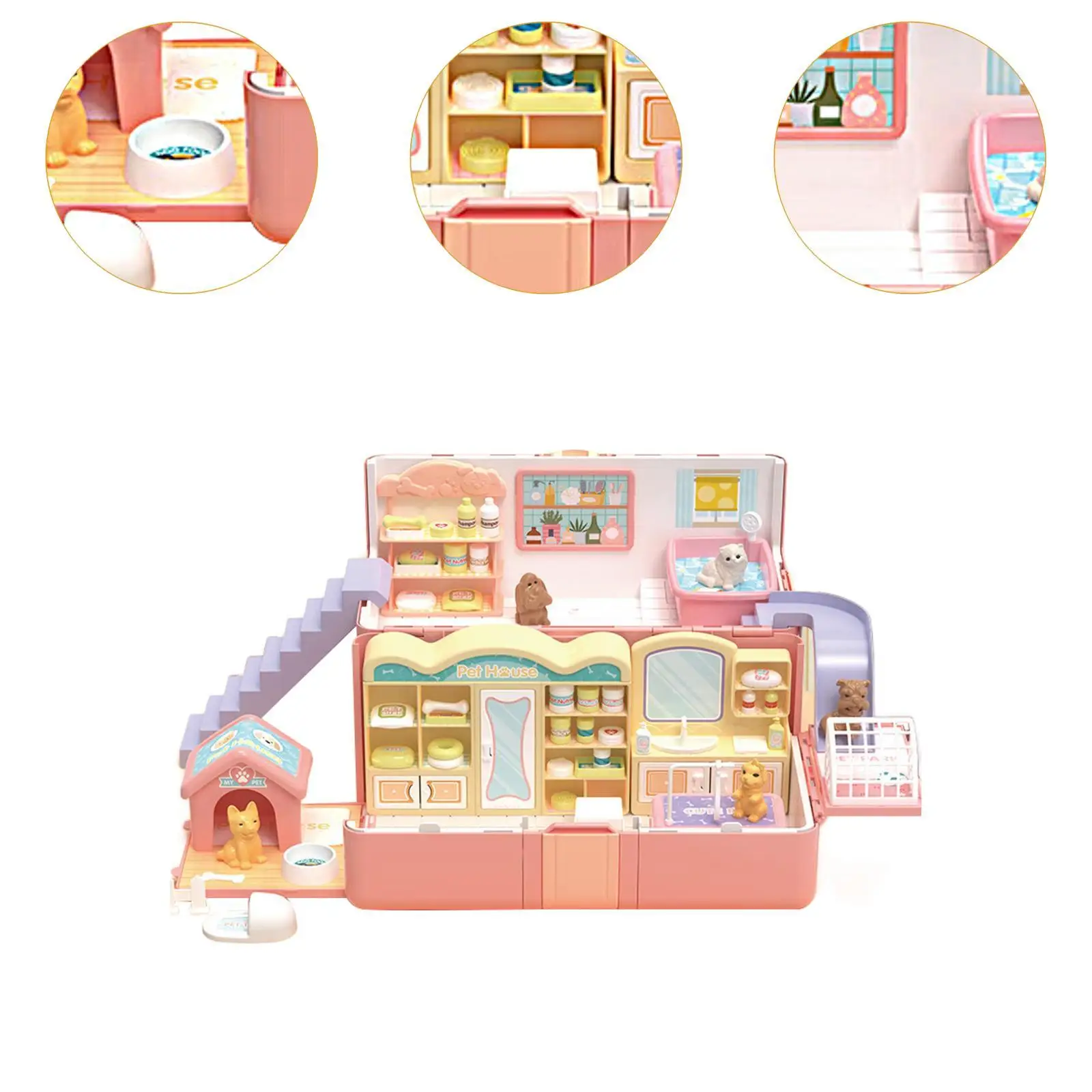 Set da gioco giocattolo per casa delle bambole con casa per animali domestici, regalo di compleanno, casa da gioco pieghevole e da andare, casa delle bambole da viaggio per ragazze dai 3 anni in su
