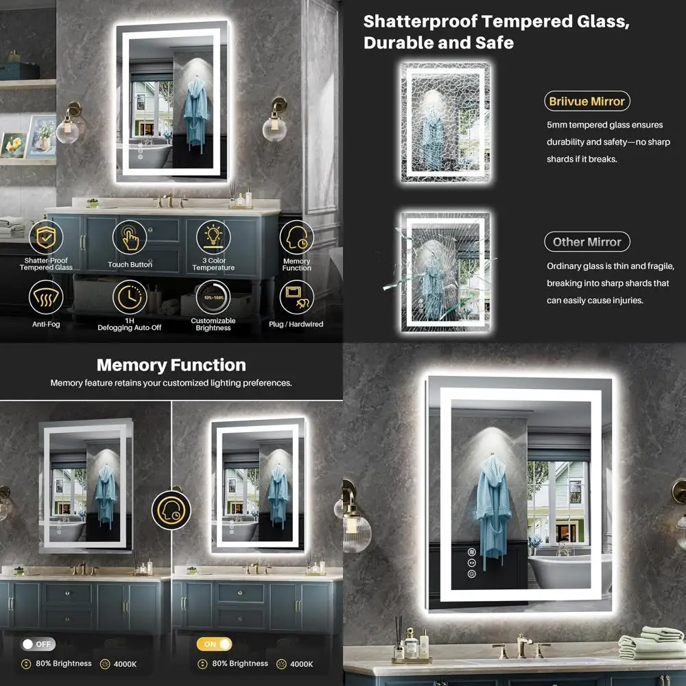 

24x32 Inch LED-Illuminated Tempered Glass Bathroom Mirror with Backlighting, Anti-Fog, Memory Function, and Dimmable Features