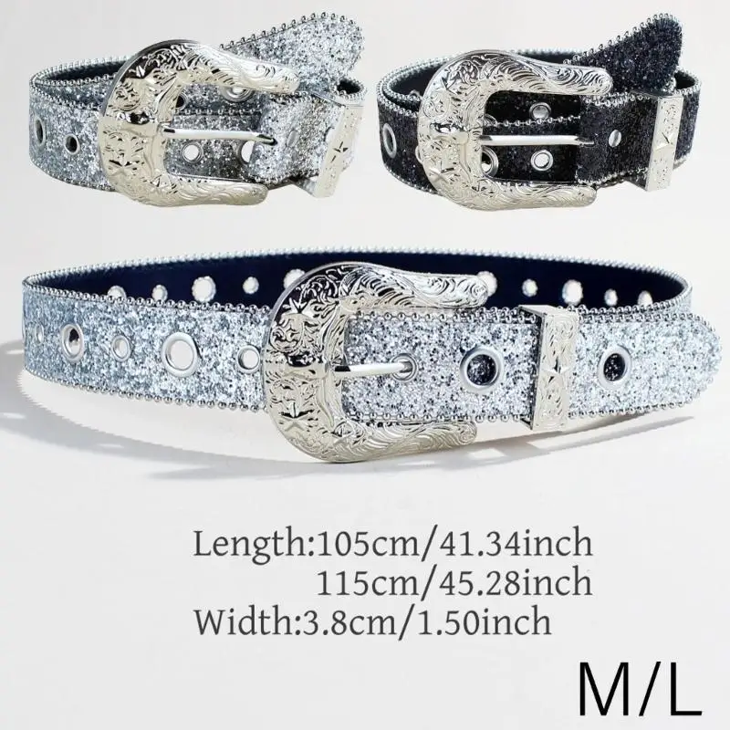 P9FE متلألئ الترتر حزام للنساء حزام خصر الموضة 2000s فتاة جميع مطابقة حزام للجنسين حزام غربي حزام الخصر خمر