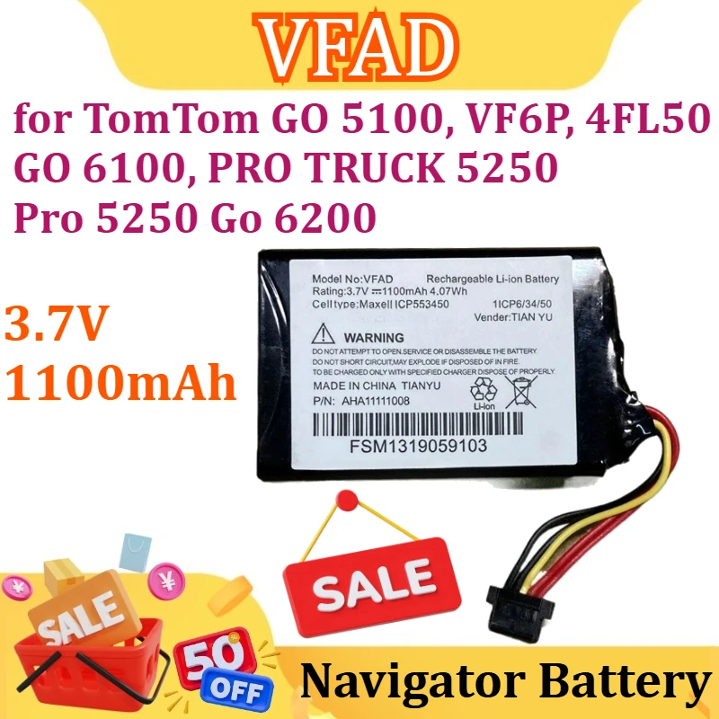 

New 3.7V 1100mAh for TomTom VFAD GO 5100, VF6P, 4FL50, GO 6100, PRO TRUCK 5250, Pro 5250, Go 6200 Navigator Battery
