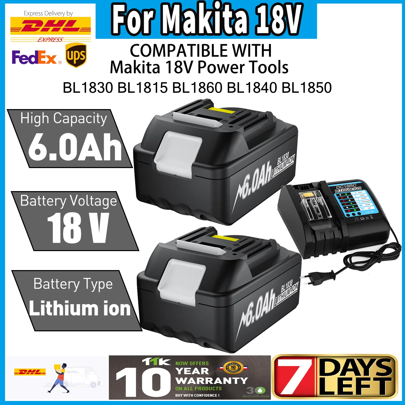 

For Makita BL1830 Replacement Battery 6000mAh Battery 18V BL1830 BL1850 BL1860 BL1840 Tool Rechargeable Battery& charger