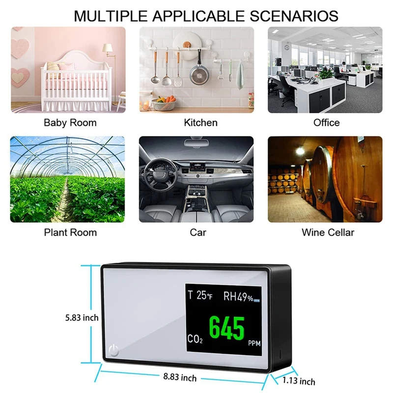 Black Air Quality  3 In 1 Multifunctional Carbon Dioxide ,CO2 Monitor For Indoor RV Office