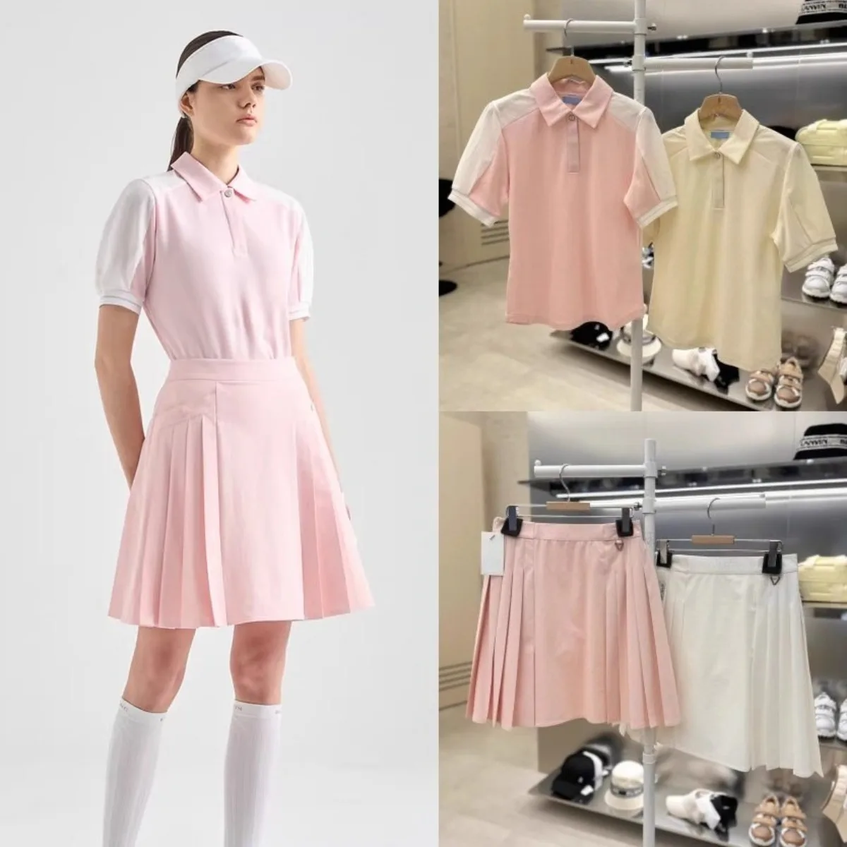 2 Piece Set 2026 New Korean Style Golf Color Block Short Sleeve Slim Fit Breathable Soft Women's Polo Shirt & Pleated Mini Skirt