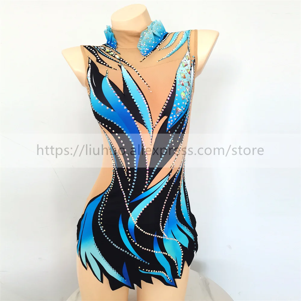 LIUHUO Women Rhythmic Gymnastics Leotards Girls Competition Performance Suit Artistic Dress Dance Sleeveless Ice Skating  Blue