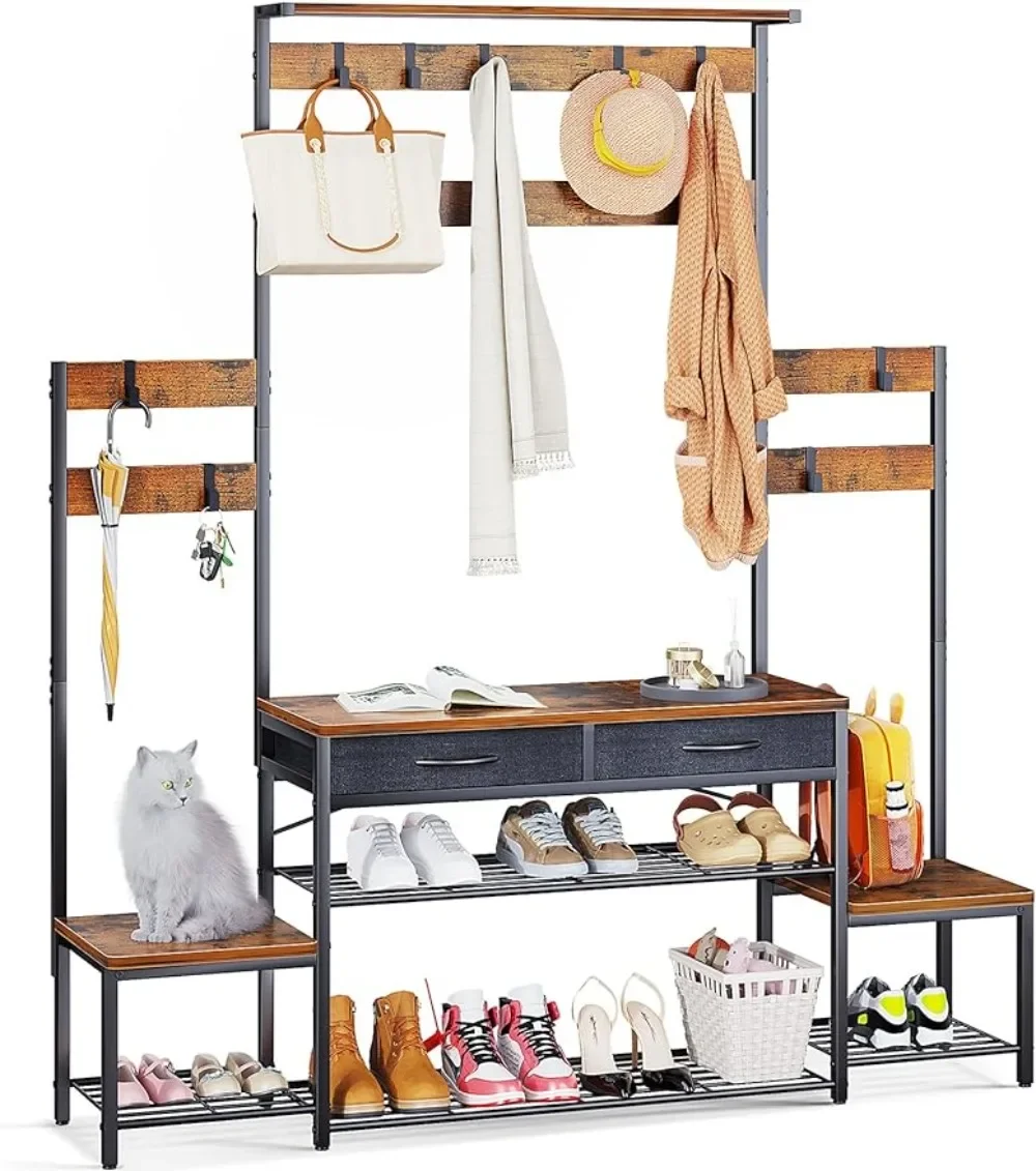 Parent-Child Hall Tree with Bench and Shoe Storage, Freestanding Coat Rack with Drawers, Entryway Rack with Metal Frame