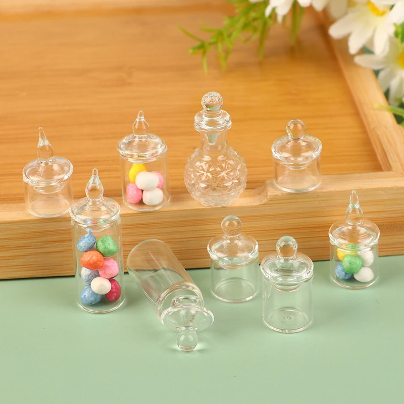 1:12 Dollhouse Miniature Clear Glass Jar Candy Bean Storage Bottle Tiny Jar With Cover For Doll House Decor Accessories Toys