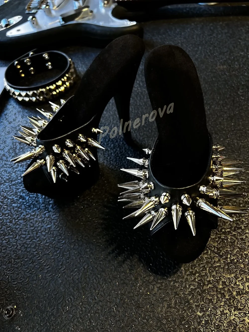 Women Spike Studded Platform Sandals Mules Open Toe Stiletto High Heel Slip On Slippers Gothic Punk Black Party Stripper Shoes