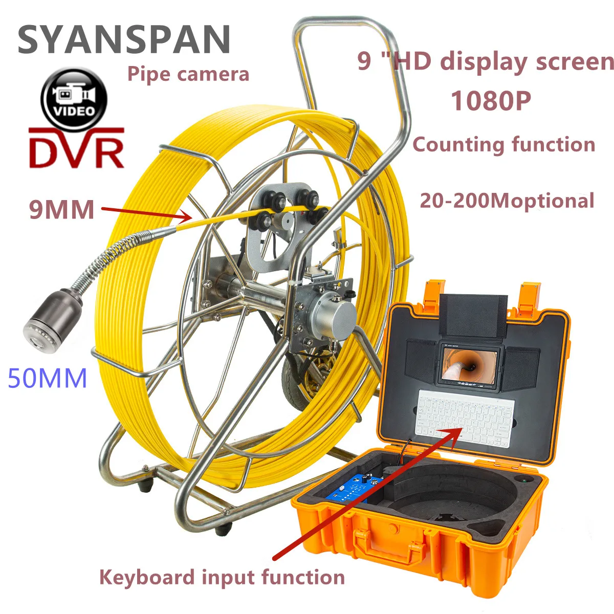 

9MM Cable Pipe Inspection Camera,SYANSPAN 50MM Camera Head+Self balancing+Video Recording Sewer Drain Endoscope 100/200M