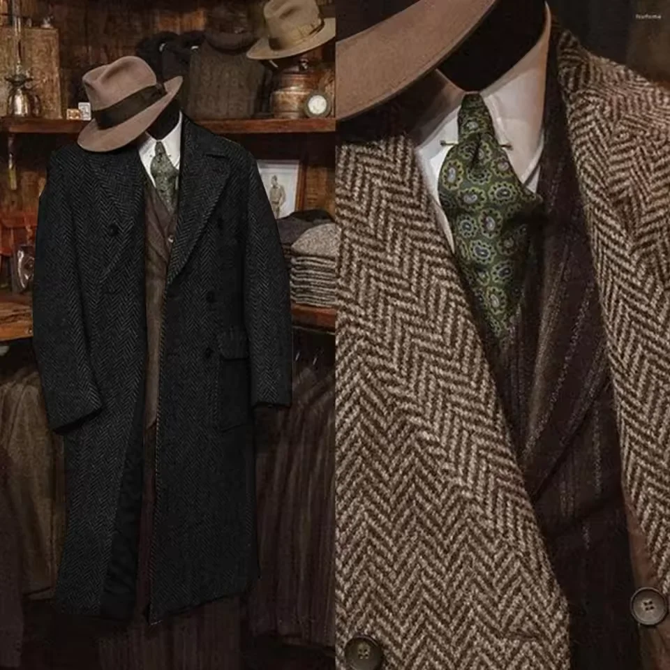 Men's Herringbone Tweed Long Coat Classic-Fit Double-Breasted Notch Lapel Wool Overcoat Full Length Oversized Coat