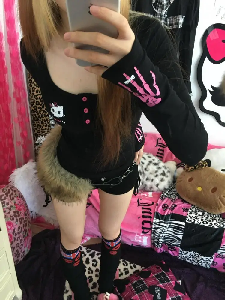 Erwofeina Print Grafische T-shirts Vrouwen Kleding Lange Mouw Gothic 2000s Kleding Y2k Kawaii Slanke Herfst Tops Tees Vrouwelijke Kleding