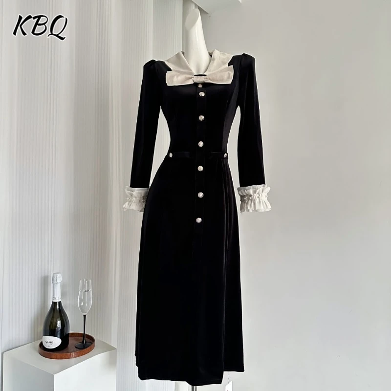 

KBQ Colorblock Spliced Bowknot Designer Dresses for Women Lapel Long Sleeve High Waist Patchwork Buttons Slim Dress Female New