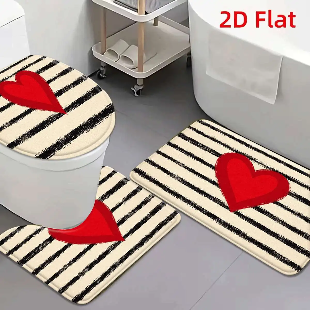 3Pcs Cream Black Stripe Red Heart Bath Mat Non Slip Absorbent Toilet Rug with Lid Cover for Bathroom Washable Flannel