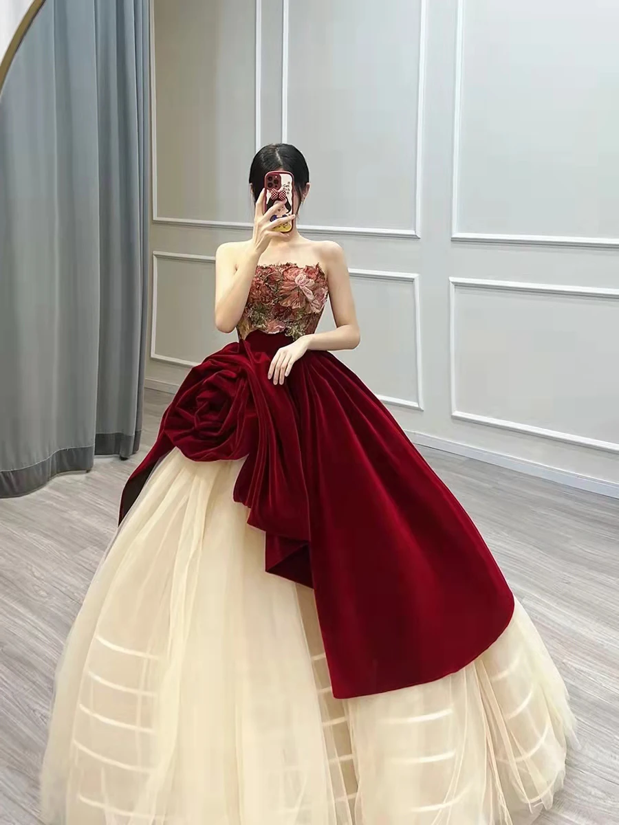 

Toast Dress Bride High-Grade Wine Red Temperament Marriage Engagement Evening Pettiskirt Women's Autumn and Winter