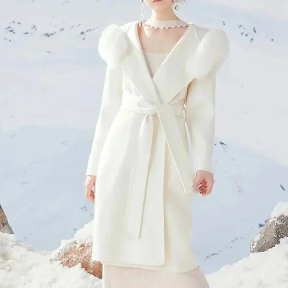 

2025 New Wool Coat for Women Autumn Winter Natural Fox Fur Collar Hooded European Style Casual Cashmere Woolen Coat Real Coat