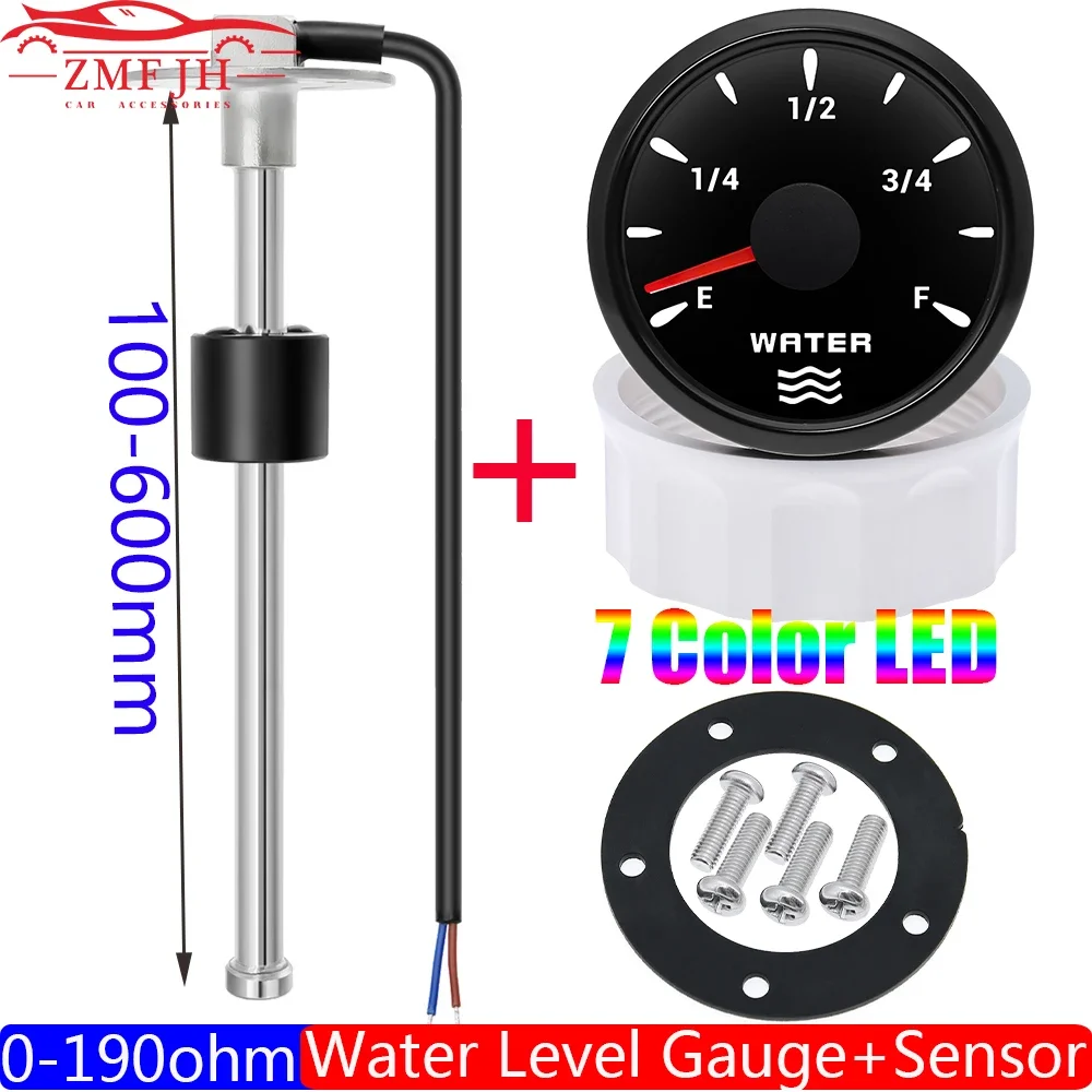 90mm Water Level Sensor 0-190 Ohm 52mm Water Level Gauge with 7 Color Light Water Tank Meter Indicator Gasoline Boat Car custom