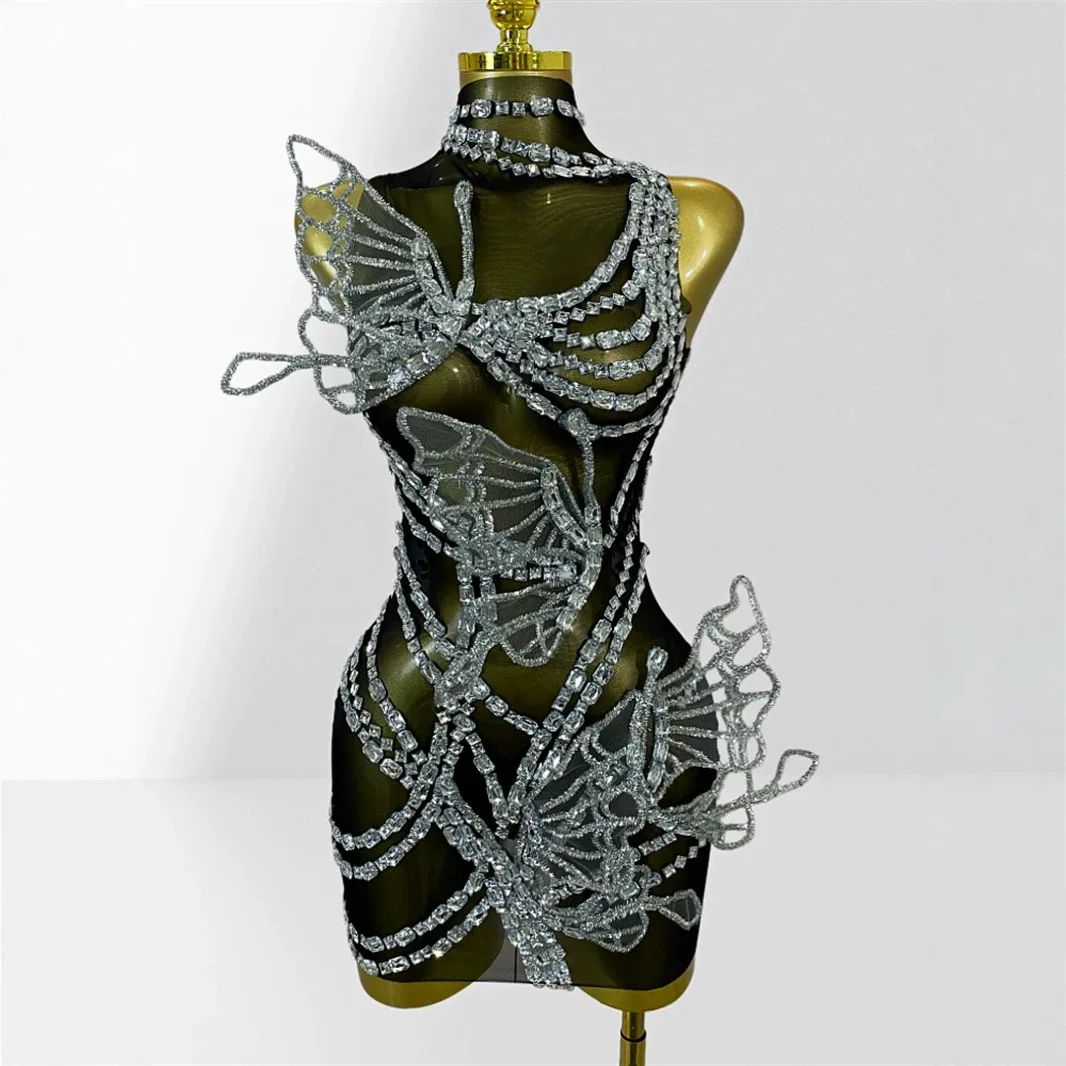 

Sexy Mesh See Through Shimmering Butterfly Crystal Bodycon Mini Dress Sleeveless Wrap Dresses Nightclub Dance Costume Stage Wear