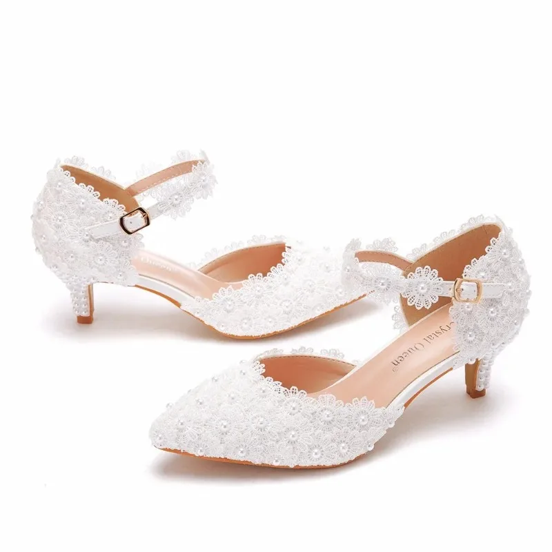 High Heel Women Sandals Summer Buckle Strap Pumps Wedding Lace Pearl PU 5.5CM Thin Heels Pointed Toe Dress Woman Shoes White