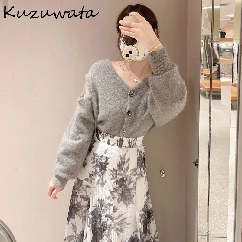 Kuzuwata V Neck Puff Sleeve Loose Elegant Jumper Voile Shoulder Strapless Patchwork Casual Sweaters Japan Button Sweet Moda Tops