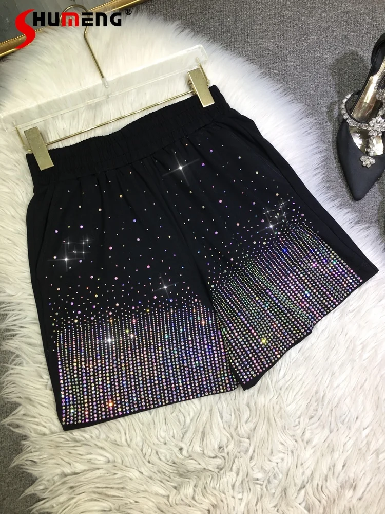 

Fashion Rhinestone Shorts Women's Full Diamond Black Elastic Waist Over Size Wide-Leg Pants 2024 Summer Lightweight Hot Pants