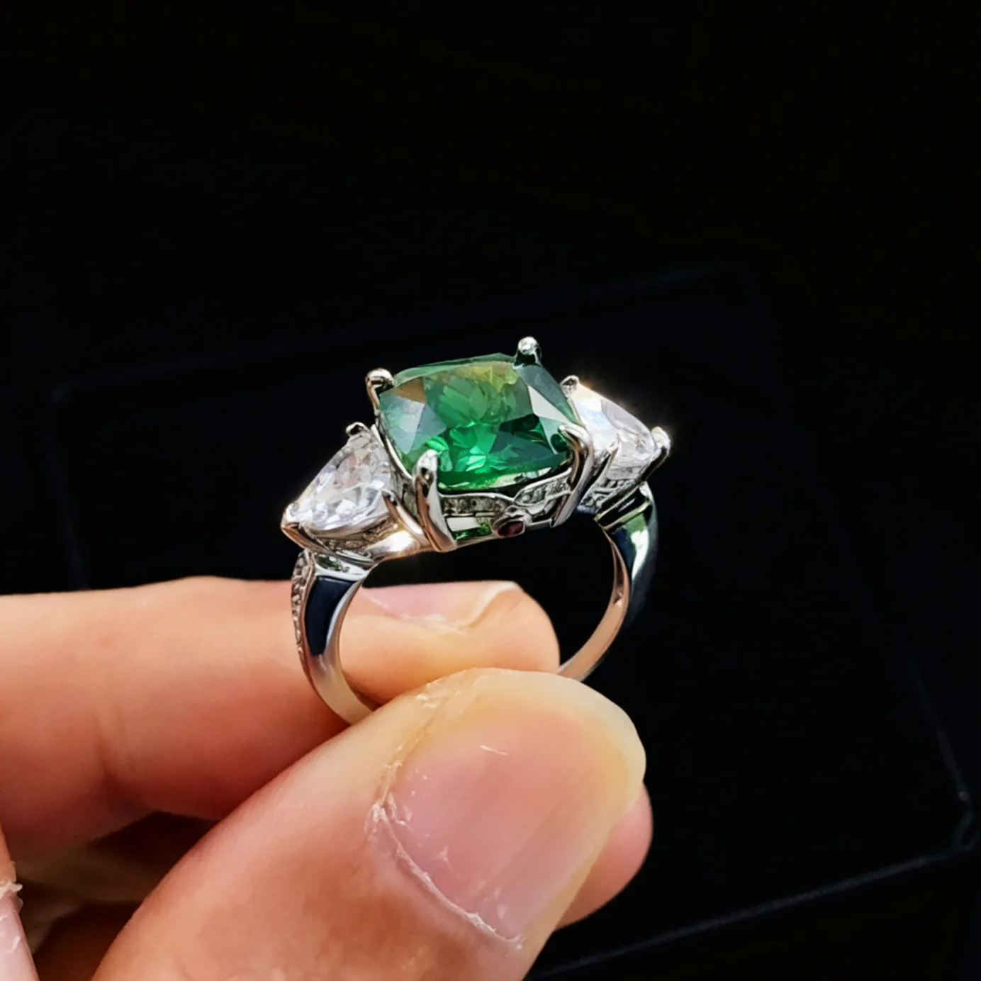 Fashion square emerald open ring, 925 silver plated, set with red corundum and blue topaz, open finger ring for women
