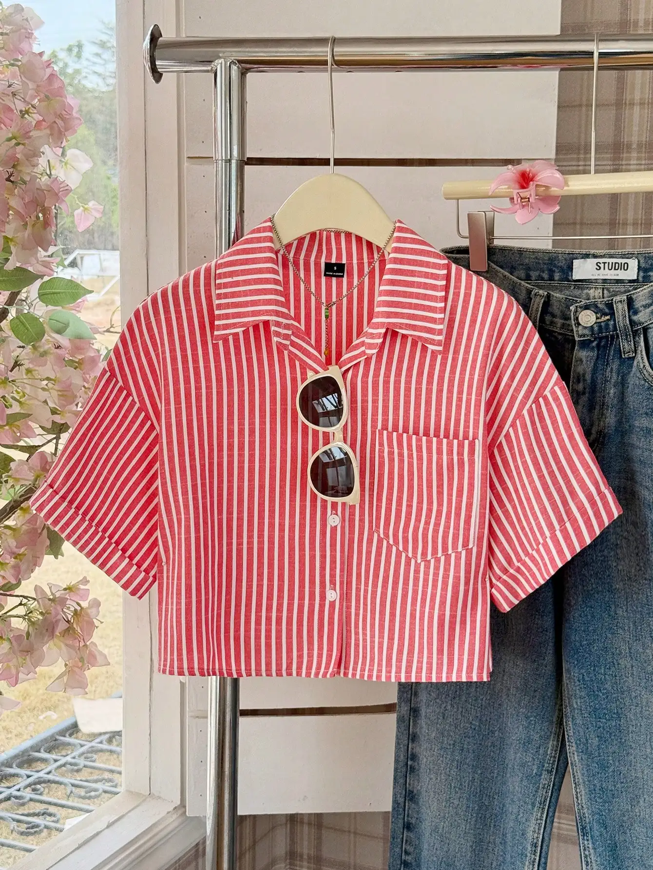 

Короткая хлопковая рубашка с красными полосками, повседневная, с коротким рукавом, на пуговицах, женская