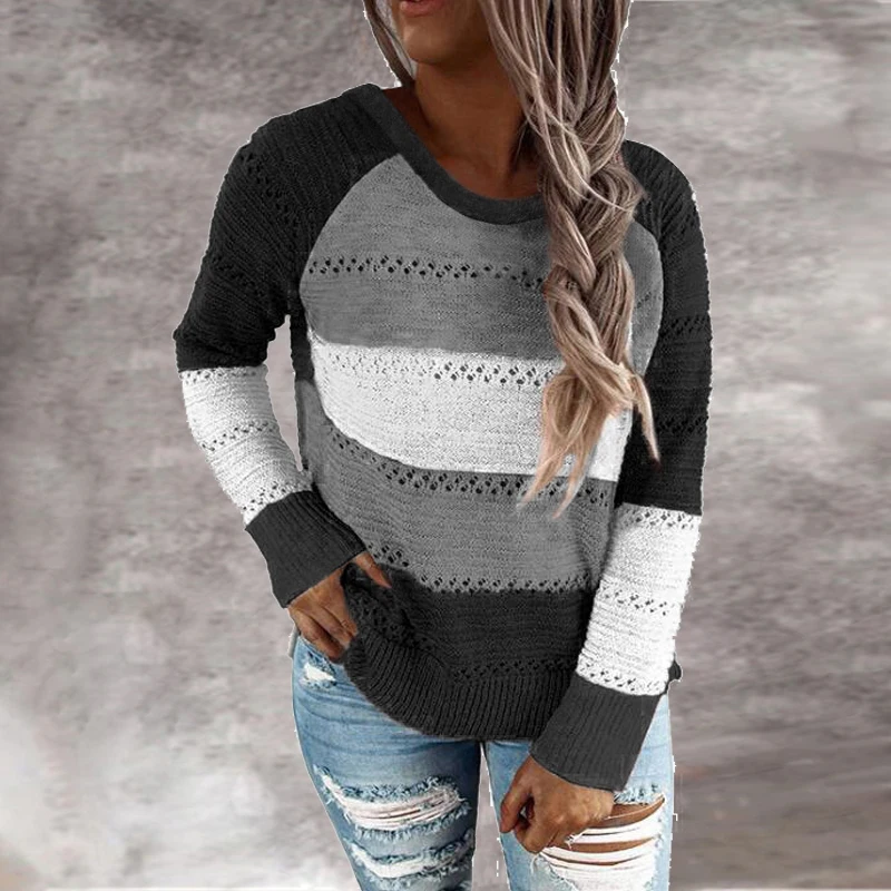 Autumn Women Casual Loose Hooded Zipper Tops Lady V Neck Knit Long Sleeve Sweater Patchwork Elegant Striped Patchwork Cardigans