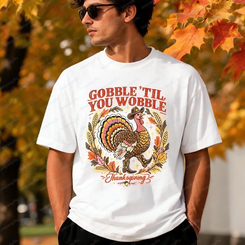 Gobble Til You Wobble Thanksgiving Turkey T-Shirt Fun Thanksgiving Day Cotton Short-sleeve Tee Retro Holida Vibes Streetwear Tee