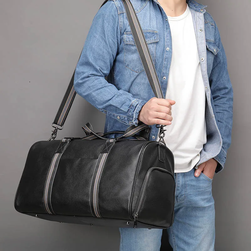 Luufan Soft Genuine Leather Travel Bag With Shoe Pocket Men Women Black Casual Travel Duffel Water Proof Weekend Luggage HandBag