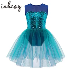 Kids Girls Dance Dress Shiny Sequins Stage Performance Ballet Dance Figure Skating Dress Costume