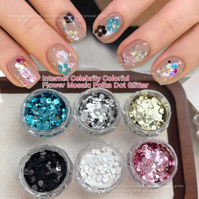 1Box Round Polka Dot Glitter Nail Sequins DIY Colorful Flowers Design Nails Flakes Mixed-Sizes Round Piece Manicure Decorations
