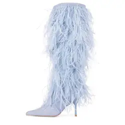 Light blue Suede ostrich Feather Covered Knee Boots Pointed Toe Stiletto high Heels black bandage Fur Long Boots