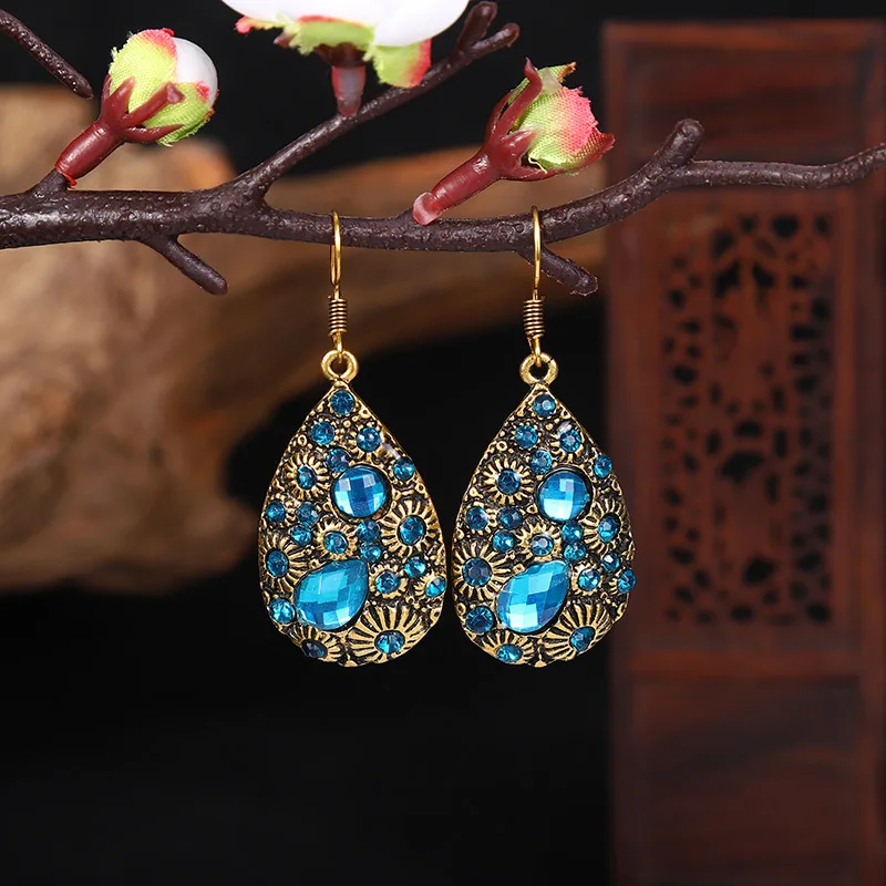 Ethnic Bohemian Vintage Crystal Rhinestone Acrylic Water Drop Dangle Earrings For Women Carved Antique Gold Color Boho Earrings