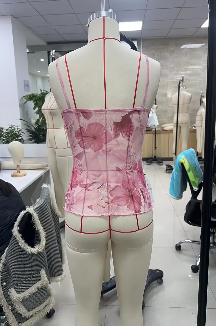Women Summer Vintage y2k Aesthetic Crop Tops Floral Print Boho Sleeveless Spaghetti Strap Mesh See Through Coquette Tanks Camis image 5