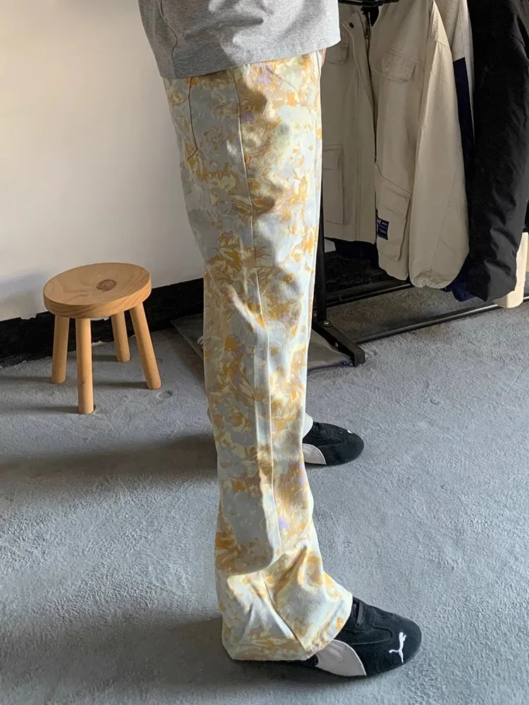 

Yellow Tie-Dye Camouflage Men's Jeans American Retro CleanFit Flared Pants Unique Design Straight Leg Trousers