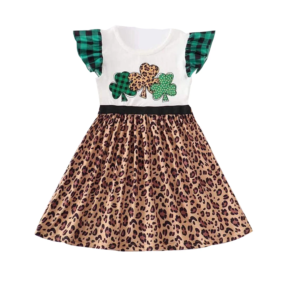 

Hot selling boutique girls dress fashionable leopard print lucky baby flying sleeves dress dress for kids girl