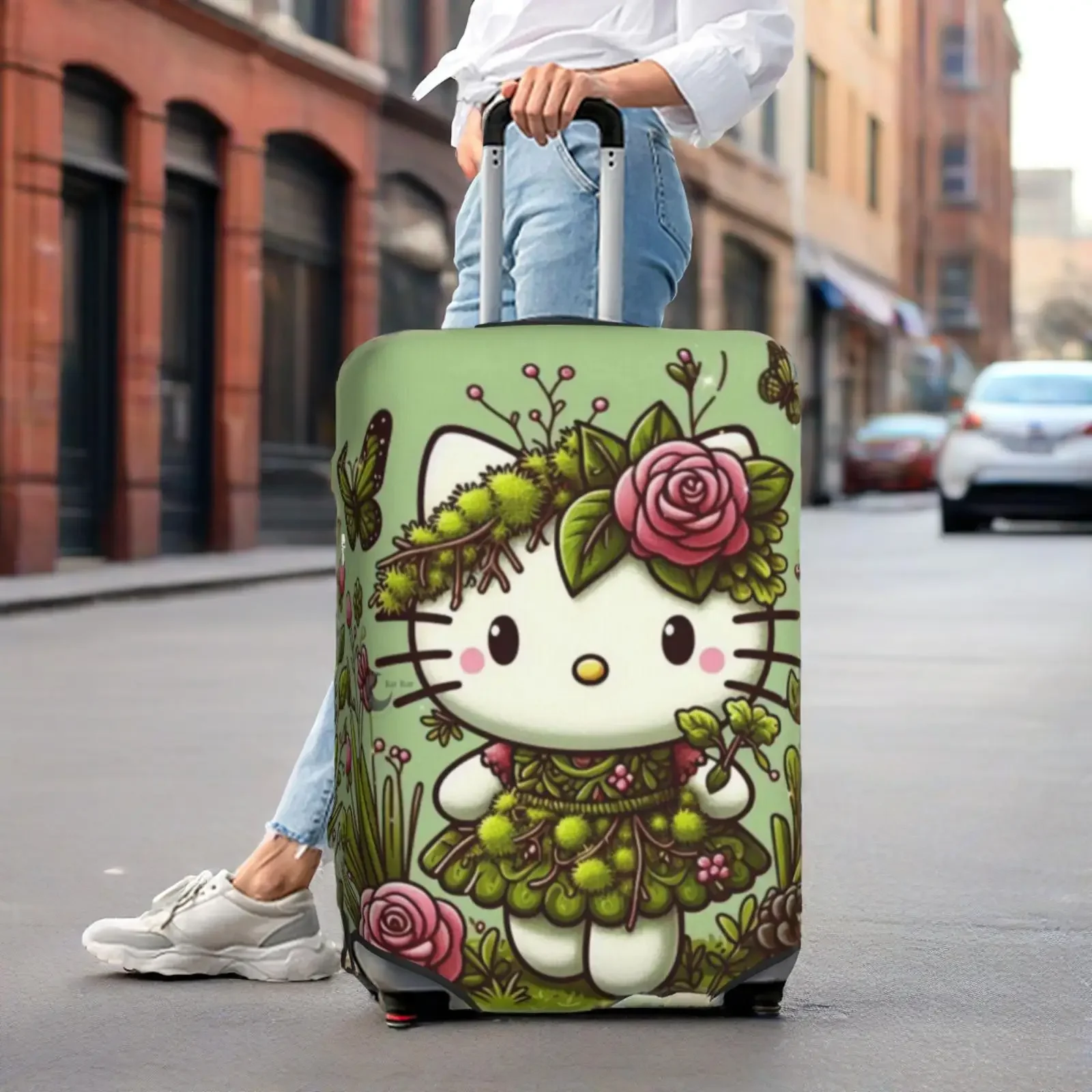 

Sanrio Hello Kitty Floral Luggage Cover - Vibrant Green Design with Pink Roses and Cranberries Durable Polyester Dust Cover